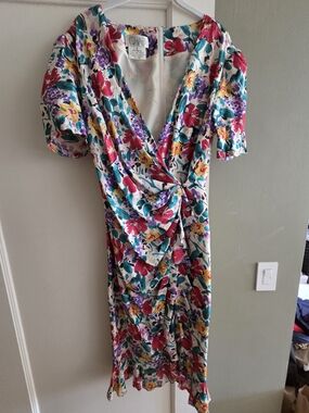 CHAR 100% Silk Floral Wrap-Style Midi Dress in Multi Floral, Lined